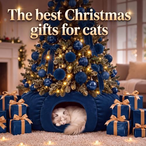 Christmas Tree Cat Tunnel 36 in Donut Bed, Navy Blue, Velvet, Fluffy - Image 6