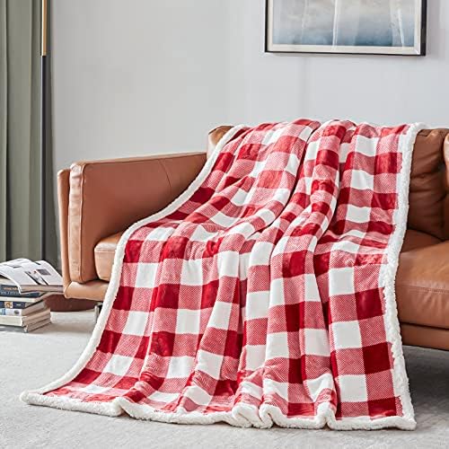 Touchat Sherpa Red and White Buffalo Plaid Christmas Twin Blanket 60" X 70", Fuzzy Fluffy Soft Cozy Blankets, Fleece Flannel Plush Microfiber Throw for Couch Bed Sofa (Red and White) - Image 6