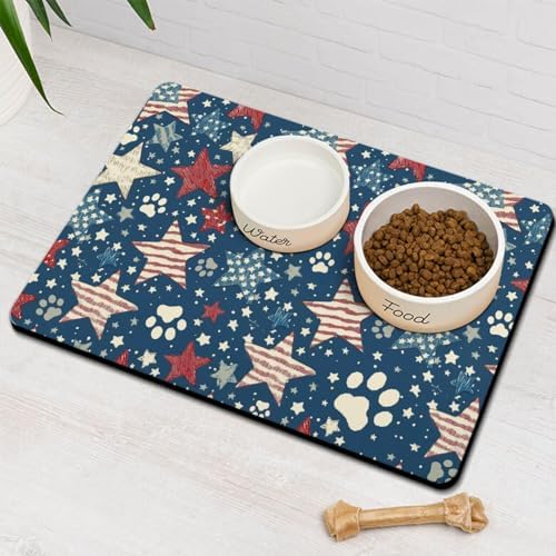 American 4th of July Star Dog Food & Water Mat,Patriotic Independence Memorial Day Paw Prints Pet Feeding Mat for Floor Non-Slip Waterproof, Super Absorbent Cat Bowl Mat, Pet Placemat,12" × 20" by Stunnoosy
