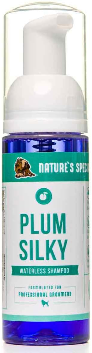 Nature's Specialties Plum Silky Waterless Dog Shampoo for Pets, Natural Choice for Professional Groomers, Leave in or Rinse Out, Made in USA, 7.5 oz