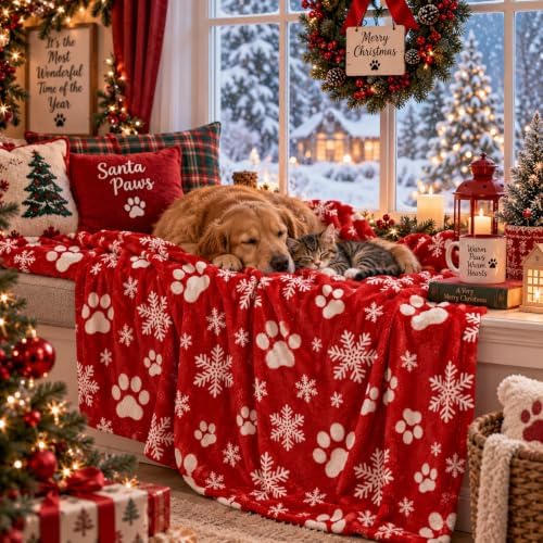 HunnmingRe Christmas Red Paw Flannel Blanket with Snowflakes, 50" x 60" - Image 7