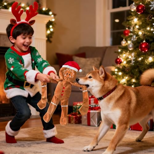 No Stuffing Squeaky Christmas Dog Toys with Crinkle Paper, 21”Cute Christmas Gingerbread Man Gift Dog Plush Toys Chew Toys,Durable Interactive Dog Toys for Large Medium Small Breed, - Image 7