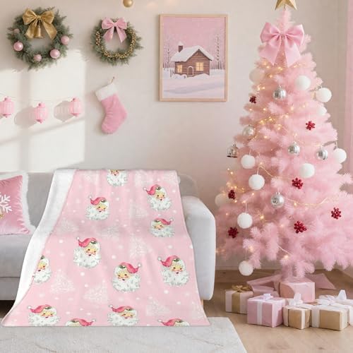 Christmas Santa Claus Throw Blankets, Xmas Tree Soft Anti Pilling Flannel Blanket, Winter Snowflake Decorative Lightweight Pink Blanket, 30x40 Inches Sofa Fleece Blanket - Image 5