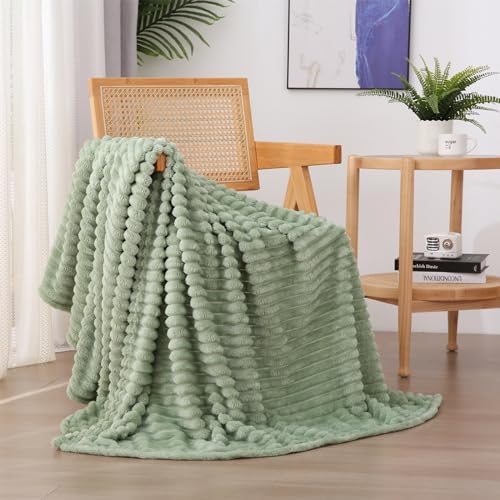 Sage Green Fleece Throw Blanket 60”×80” for Couch Sofa Livingroom by linecooo