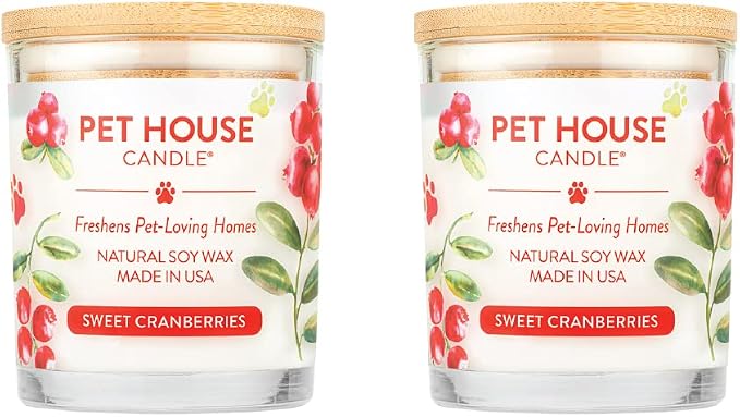 Pet House Candle 2 Pack - Plant-Based/Soy - Clean Burning Scented, Long Lasting Pet Odor Candle for Home -Sweet Cranberries