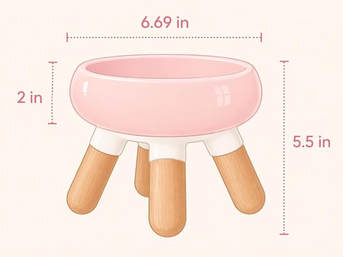 INW Elevated Ceramic Pet Bowl with Wooden Stand – Raised Cat & Dog Feeder, Interchangeable, Anti-Tip, Dishwasher Safe, 12 oz, Easy to Clean – Pink