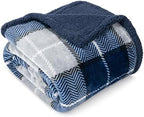 PAVILIA Plaid Sherpa Throw Blanket for Couch Sofa Bed, Navy Blue, 50x60 by PAVILIA