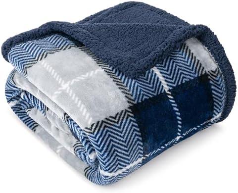 PAVILIA Plaid Sherpa Throw Blanket for Couch Sofa Bed, Navy Blue, 50x60 by PAVILIA