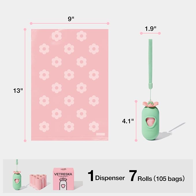 VETRESKA Dog Poop Bags Dispenser with Lavender Scented Bags, 105 Counts | Leak Proof and Extra Thick Pet Waste Bags for Walking Dog and Cats Litter, 1 Bag Holder and 7 Rolls