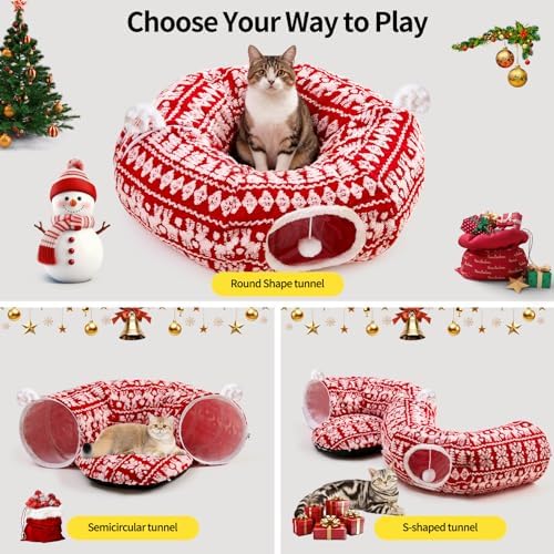 Christmas Tree Cat Tunnel Bed-Christmas Cat Donut Tunnel with Tree Skirt, Multifunctional Round Pet Cave Toy Suitable for Kittens/Puppies/Rabbits/Ferret(Comfortable Cotton) - Image 4
