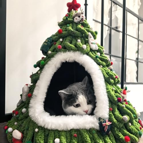 DIY Christmas Tree Cat Bed Set, Christmas Pet Tree House Package, DIY Felt Xmas Cave, Indoor Kittens Felt Nest Cats Hideaway, Teepee Furniture Decorations for Family & Friends (A, Under 12lb) - Image 2