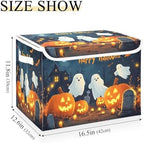 Bolaz Storage Bins with Lids and Handles,Halloween Background with Pumpkins Ghosts and Cemetary Storage Box Storage Basket with Cover Collapsible Organizer Containers for Home Closet, Shelves - Image 3