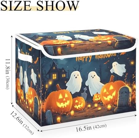 Bolaz Storage Bins with Lids and Handles,Halloween Background with Pumpkins Ghosts and Cemetary Storage Box Storage Basket with Cover Collapsible Organizer Containers for Home Closet, Shelves - Image 3