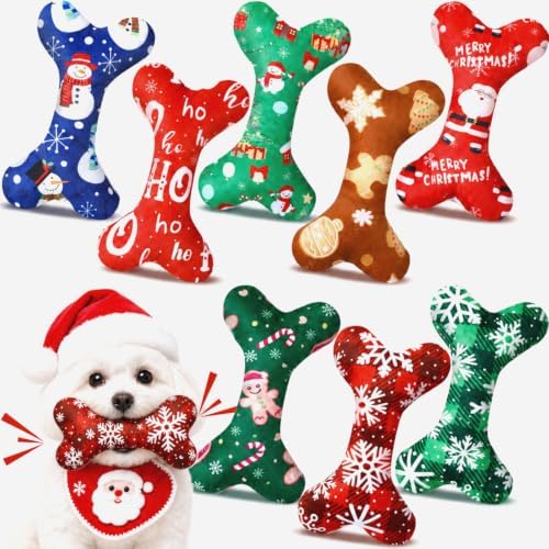 VioraWhite 8 Pack Christmas Dog Toys Plush Squeaky Bone Shaped Funny Toys Birthday Gift for Small Medium Large Sized Dogs, 6.1" x 3.8" by VioraWhite