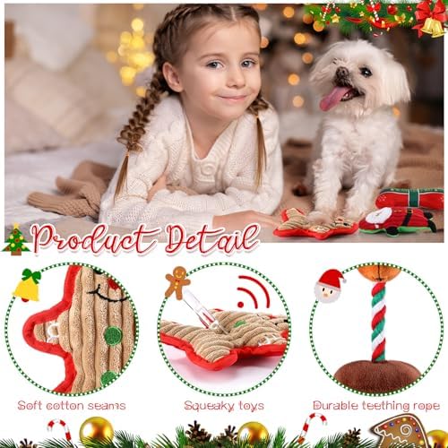 6 Pack Christmas Dog Toys Plush Stuffed Dog Squeaky Toys, Classic - Image 3