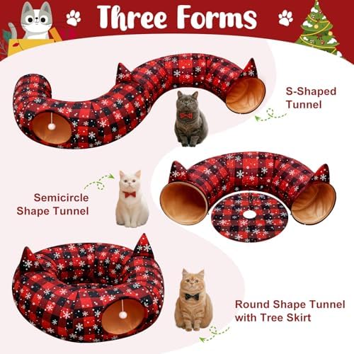 3-in-1 Red Black Buffalo Plaid Cat Tunnel Christmas Tree Skirt for Cat Play - Image 3