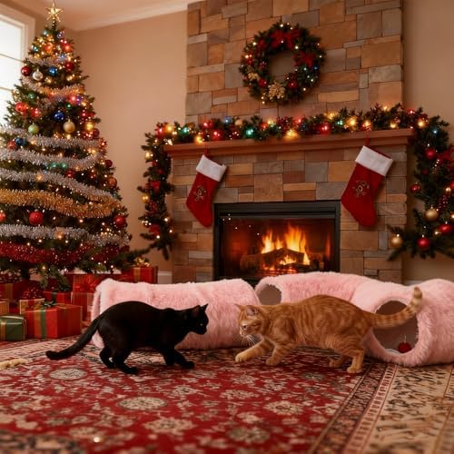 Cat Tunnel Bed Under Christmas, Luxury Donut Cat House Xmas Tree Skirt Tunnel Bed with Washable Cushion, Two-Entry Peekaboo Round Christmas Kitty Donut for Kitten Puppy Rabbit Ferret - Image 6