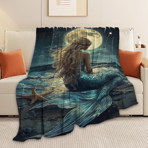 Mermaid Throw Blanket Beach Moon Night Mermaid Stuff Gifts for Kids Girls Boys Adults Women Men Soft Cozy Warm Plush Fluffy Fuzzy Fleece Blanket Decor 60''X80'' - Image 6