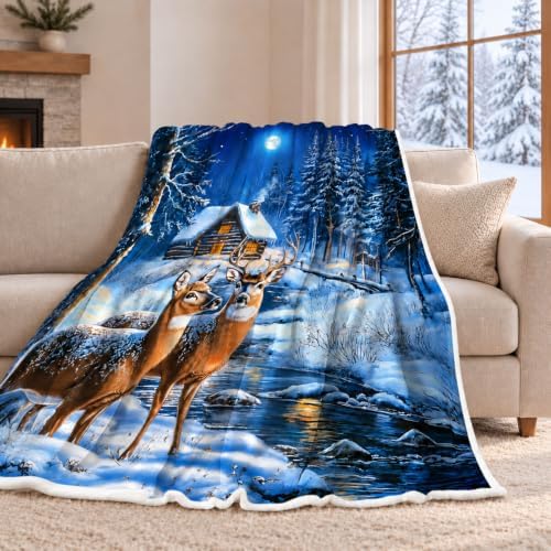 Christmas Throw Blanket, Winter Deer Snow Forest Holiday Theme Blanket for Couch and Bed, Warm Cozy Winter Cabin Throw, Super Soft, 50x60 Inch, Blue - Image 2