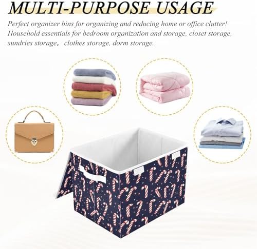 Bolaz Storage Bins with Lids and Handles,Christmas Candy Cane Pattern Storage Box Basket with Cover Collapsible Organizer Containers for Home Closet, Shelves - Image 7