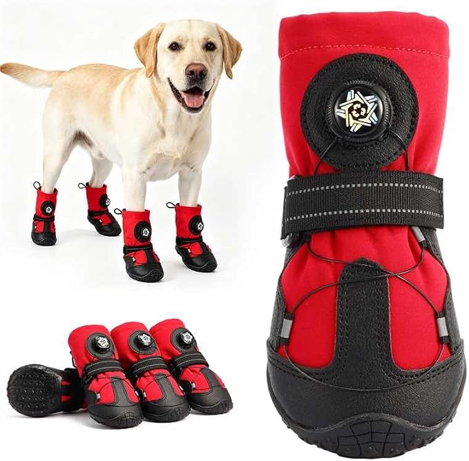 Dog Booties with Micro-Adjustable Dial, Waterproof Dog Shoes for Large Medium Small Dogs, Rugged Non-Slip Rubber Paw Protectors for Hot Pavement and Snow, Hiking 4PCS (Red, Size 7)