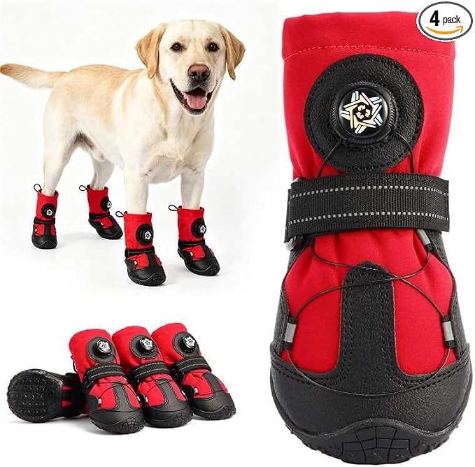 Dog Booties with Micro-Adjustable Dial, Waterproof Dog Shoes for Large Medium Small Dogs, Rugged Non-Slip Rubber Paw Protectors for Hot Pavement and Snow, Hiking 4PCS (RED, Size 6)
