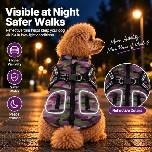 Dog Winter Coat for Large Dogs with Harness, Purple Camo, 2XL - Image 4