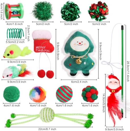 Christmas Stocking Cat Toys, 15PCS Christmas Cat Toy Set with Mouse, Squeaky Toys, Balls, Cat Teaser, Indoor Interactive Cat Toy Gift - Green - Image 7