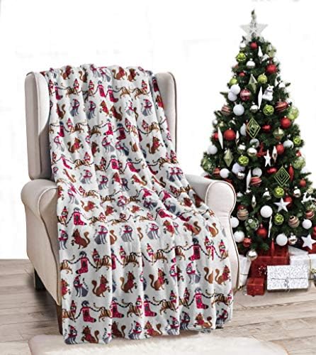 Elegant Comfort Luxury Velvet Super Soft Christmas Prints Fleece Blanket-Holiday Theme Home Décor Fuzzy Warm and Cozy Throws for Winter Bedding, Couch and Gift, 50 x 60 inch, White Christmas Cats by ELEGANTCOMFORT