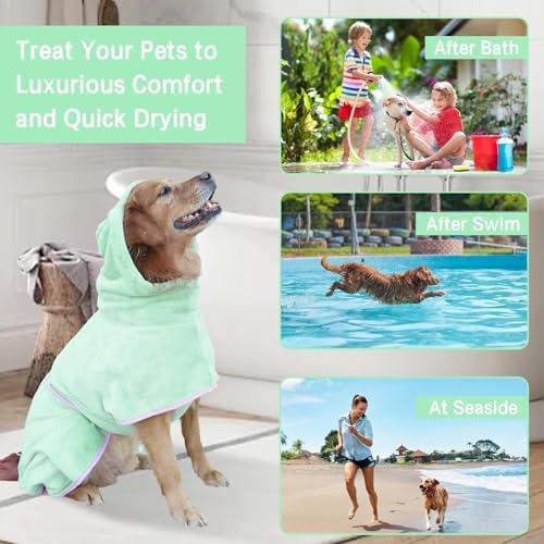 Pet Bathrobe for Dog Cat Absorbently Quick Drying Coat Cute Dogs Bath Towel Hooded Robe Adjustable Collar & Belly Strap for Pool Beach (Green, Small) - Image 4