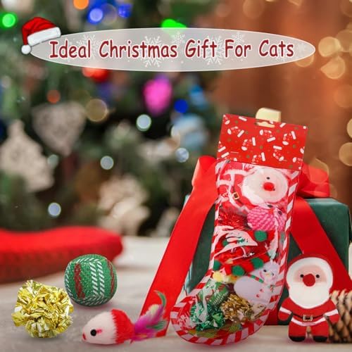 Christmas Stocking Cat Toys - 12Pcs Interactive Set for Cats with Squeaky Toys, Balls, Cat Teasers - Image 6