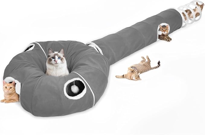 Ownpets 2-in-1 Cat Tunnel Large Lollipop 12" D Collapsible Cave Plush, Grey | Foldable Tunnel Bed, Fluffy Ball, Multi-Exit Maze, For Cats Kittens Puppies Rabbits, Soft Plush, Easy Store, Cozy Hiding Spot