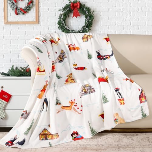 Christmas Throw Blanket Cute Puppy Fleece Throw Blanket Xmas Trees Dog Prints Blankets Winter Holiday Soft Cozy Decorative Blankets Christmas Theme Throws Blanket for Couch Bedding 50 x 60in by Bvhimste
