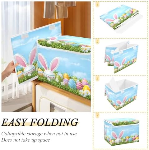 Bolaz Easter Bunny Ear Egg Storage Bins with Lids and Handles, Storage Box Basket with Cover Collapsible Organizer Containers for Home Closet, Shelves - Image 4