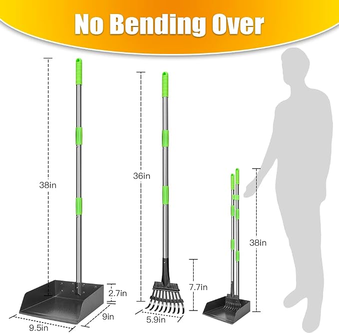 TOOGE Larger Pooper Scooper for Large Dogs Long Handle Stainless Metal | Dog Pooper Scooper for Large Medium Small Dogs Tray and Rake Set Heavy Duty