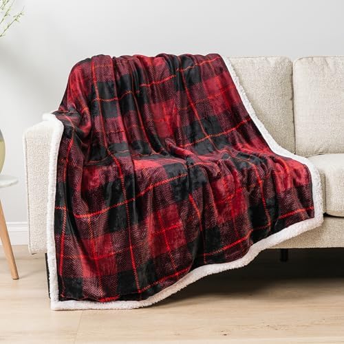 PAVILIA Twin Plaid Sherpa Throw Blanket for Couch Sofa Bed, Black Red 60x80 - Image 4