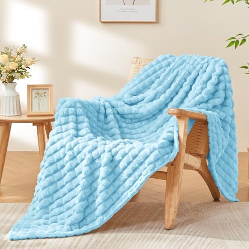 BEDELITE 3D Checked Light Blue Fleece Throw Blanket for Couch, 50x60 Inches - Image 6