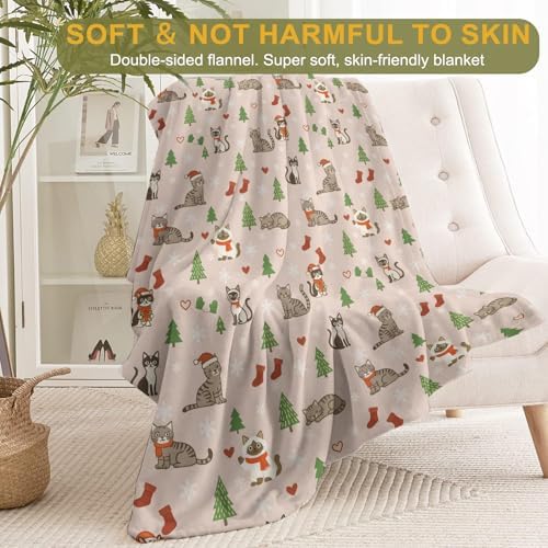 Cat Christmas Decorative Throw Blanket, Cute Kitten Tree Sock Snowflake Print Decoration, Soft Flannel Winter Blankets for Couch Bed Sofa, Holiday Home Decor, Xmas Festival Gifts 40x50 Inch - Image 2