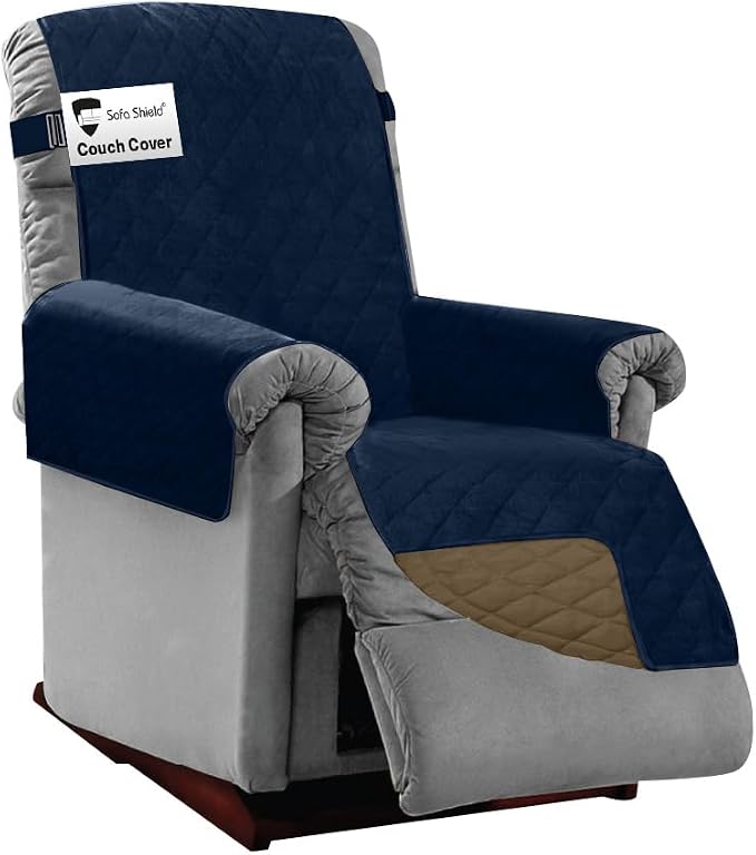 Sofa Shield® Couch Recliner Covers for Dogs, Reversible Furniture Protector with Strap, Stain and Tear Resistant Cushion Cover, 25 inch Seat, Machine Washable Slipcover Pets, Cats, Navy Sand