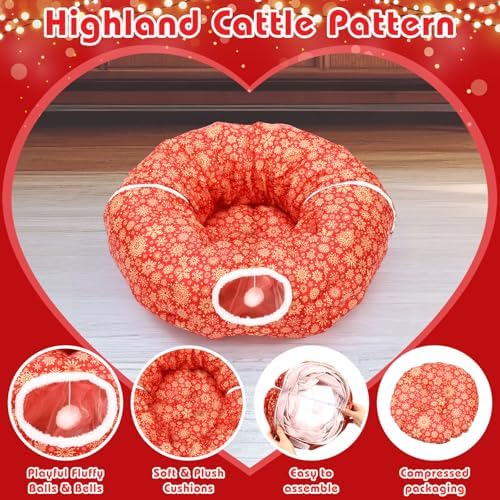 Snowflake Cat Tunnel Bed Under Christmas Tree 36'' Kitten Circle Donut Tunnel Skirt with Ball Mat Decorative Xmas Folding Home Kitty Guard Tube Holiday Party Indoor Pet(Red Gold) - Image 3