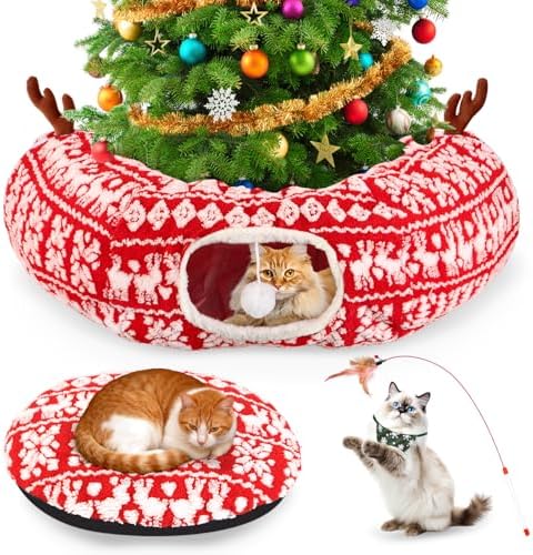 Cat Tunnel Bed Under Christmas Tree 35.4" Festive Circle Cat Tunnel with Feather Toys Adjustable Bibs Foldable Holiday Decorative Pet Cave for Indoor Cats Small Animals Fits Under Tree Skirt by KBDHYY
