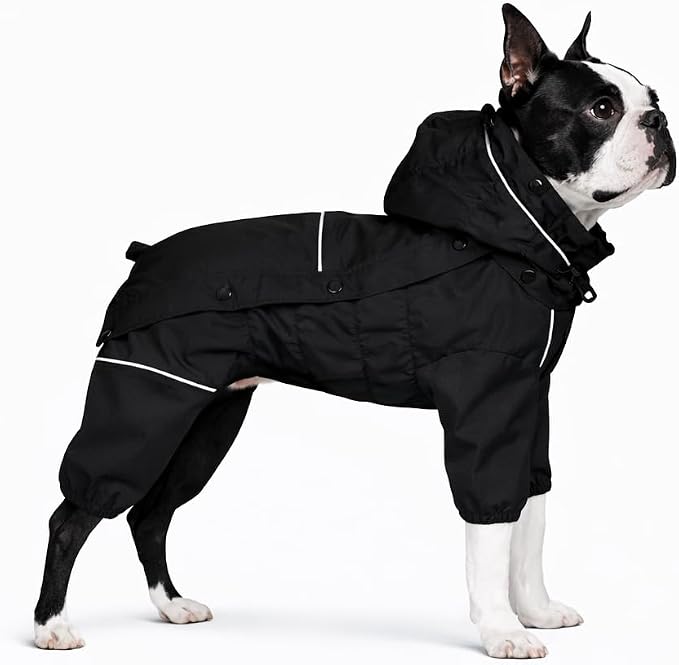 LOVELONGLONG Fleece-Lined Dog Raincoat with Removable Hood – Waterproof Winter Full Body Dog Jacket – Windproof Snowproof Cold-Weather Suit – Black-F L