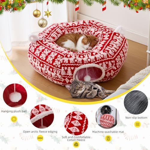 Christmas Tree Cat Tunnel Bed-Christmas Cat Donut Tunnel with Tree Skirt, Multifunctional Round Pet Cave Toy Suitable for Kittens/Puppies/Rabbits/Ferret(Comfortable Cotton) - Image 2