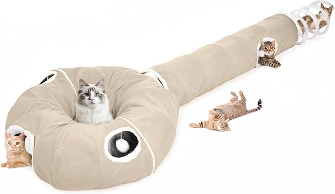 Ownpets 2-in-1 Cat Tunnel Large Lollipop Collapsible Cave Plush,12"D, Beige | Foldable Tunnel Bed, Fluffy Ball, Multi-Exit Maze, For Cats Kittens Puppies Rabbits, Soft Plush, Easy Store, Cozy Hiding Spot