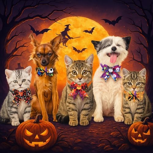 Huhumy 50 Pcs Halloween Dog Bow Ties Collars Bulk for Small Medium Pet Cat - Image 3