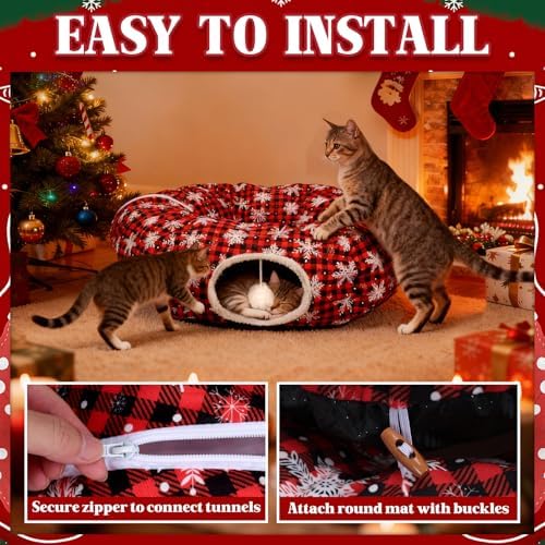Christmas Cat Tunnel Tree Skirt – Warm Flannel Donut Tunnel Bed with Soft Cushion & Hanging Ball Toy, Peekaboo Cat Cave Under Tree for Indoor Cats to Prevent Christmas Tree Falling, Plaid Red - Image 7