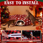 Christmas Cat Tunnel Tree Skirt – Warm Flannel Donut Tunnel Bed with Soft Cushion & Hanging Ball Toy, Peekaboo Cat Cave Under Tree for Indoor Cats to Prevent Christmas Tree Falling, Plaid Red - Image 7