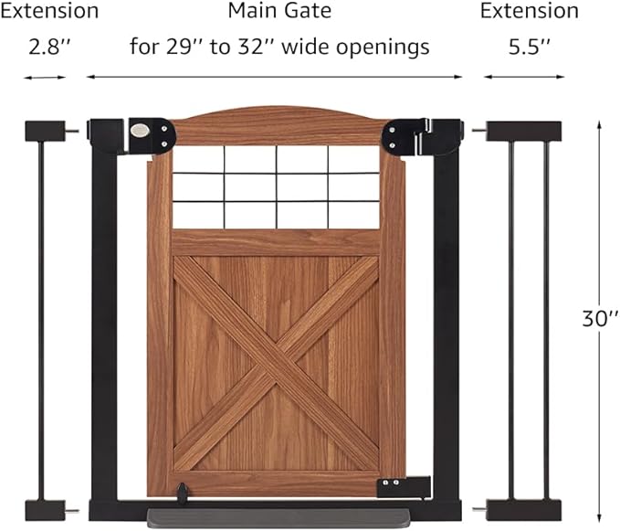 beeNbkks Farmhouse Barn Door Dog Gate, 30" Tall Anti-Trip Pet Barrier | No-Drill Pressure Mounted Pet Gate Fits 29"-40" Wide Openings, Featuring Wooden Walk-Through Door and Metal Frame