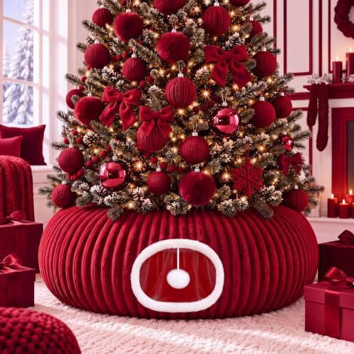 Christmas Tree Cat Tunnel 36 in Donut Bed, Red, Flannel, Corduroy by SilTriangle