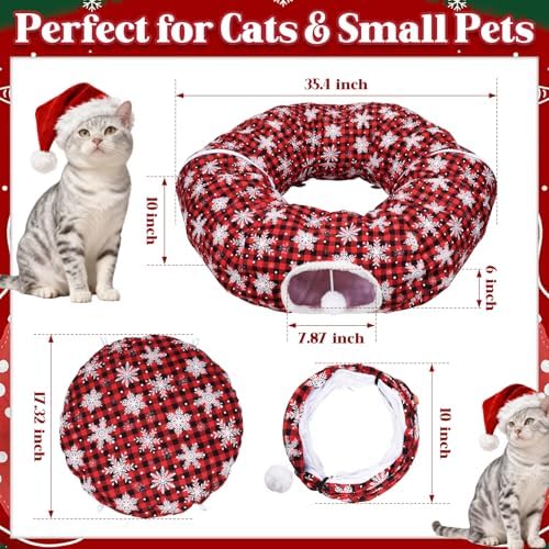 Christmas Cat Tunnel Tree Skirt – Warm Flannel Donut Tunnel Bed with Soft Cushion & Hanging Ball Toy, Peekaboo Cat Cave Under Tree for Indoor Cats to Prevent Christmas Tree Falling, Plaid Red - Image 6